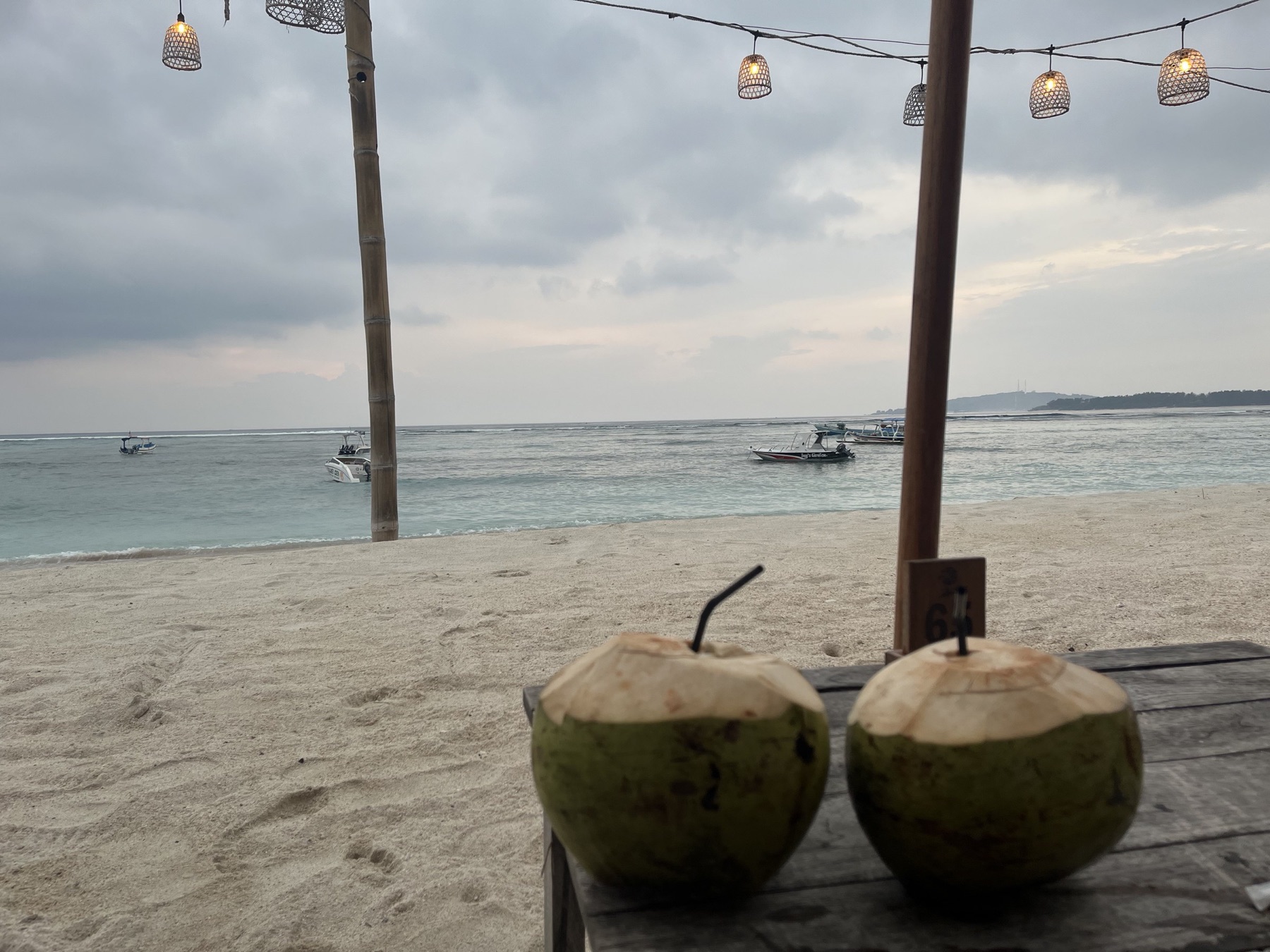 Two coconuts and the boats: the west shore, late.