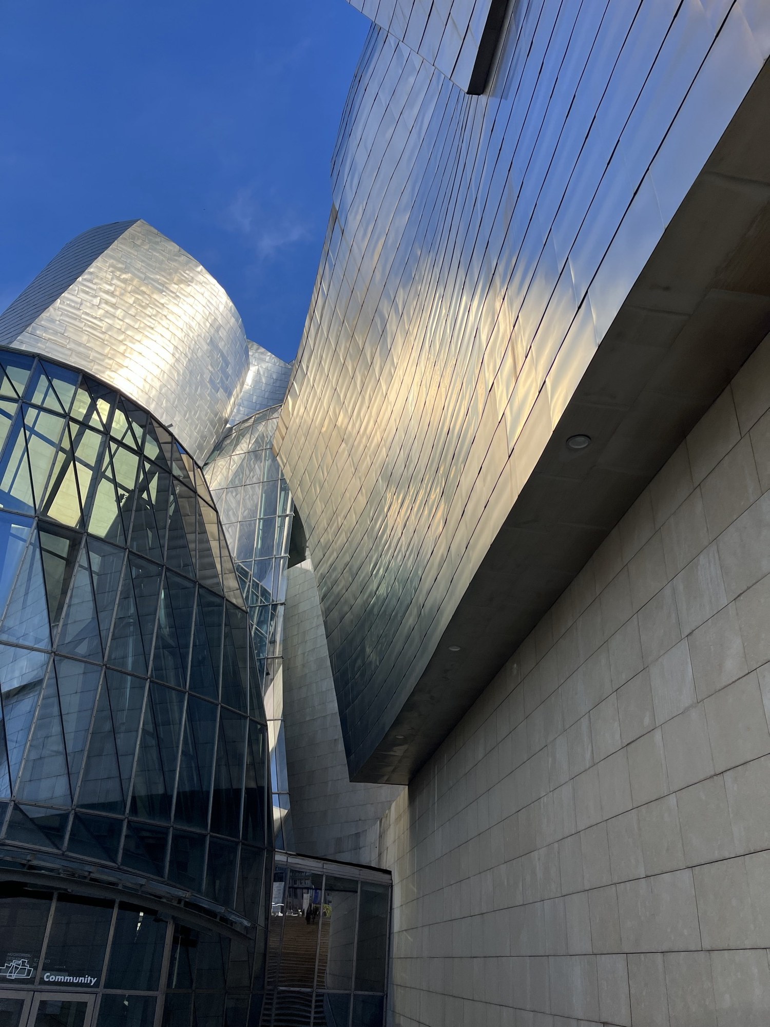 Looking up at the titanium curves of the Guggenheim Bilbao against a winter sky