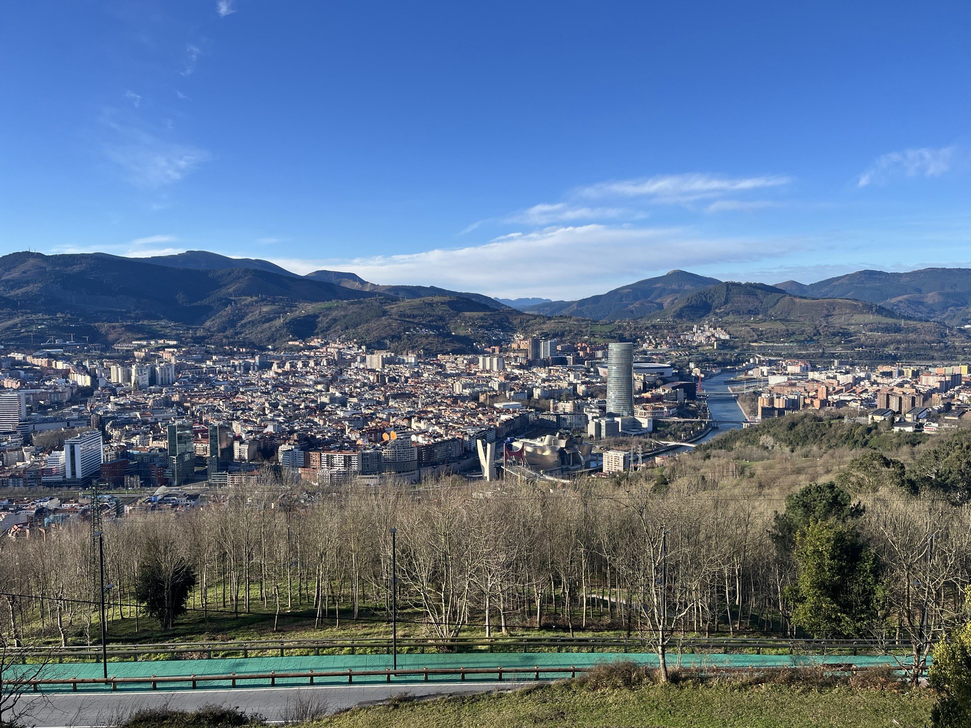 Panorama over Bilbao from Artxanda, river and mountains under a winter sky