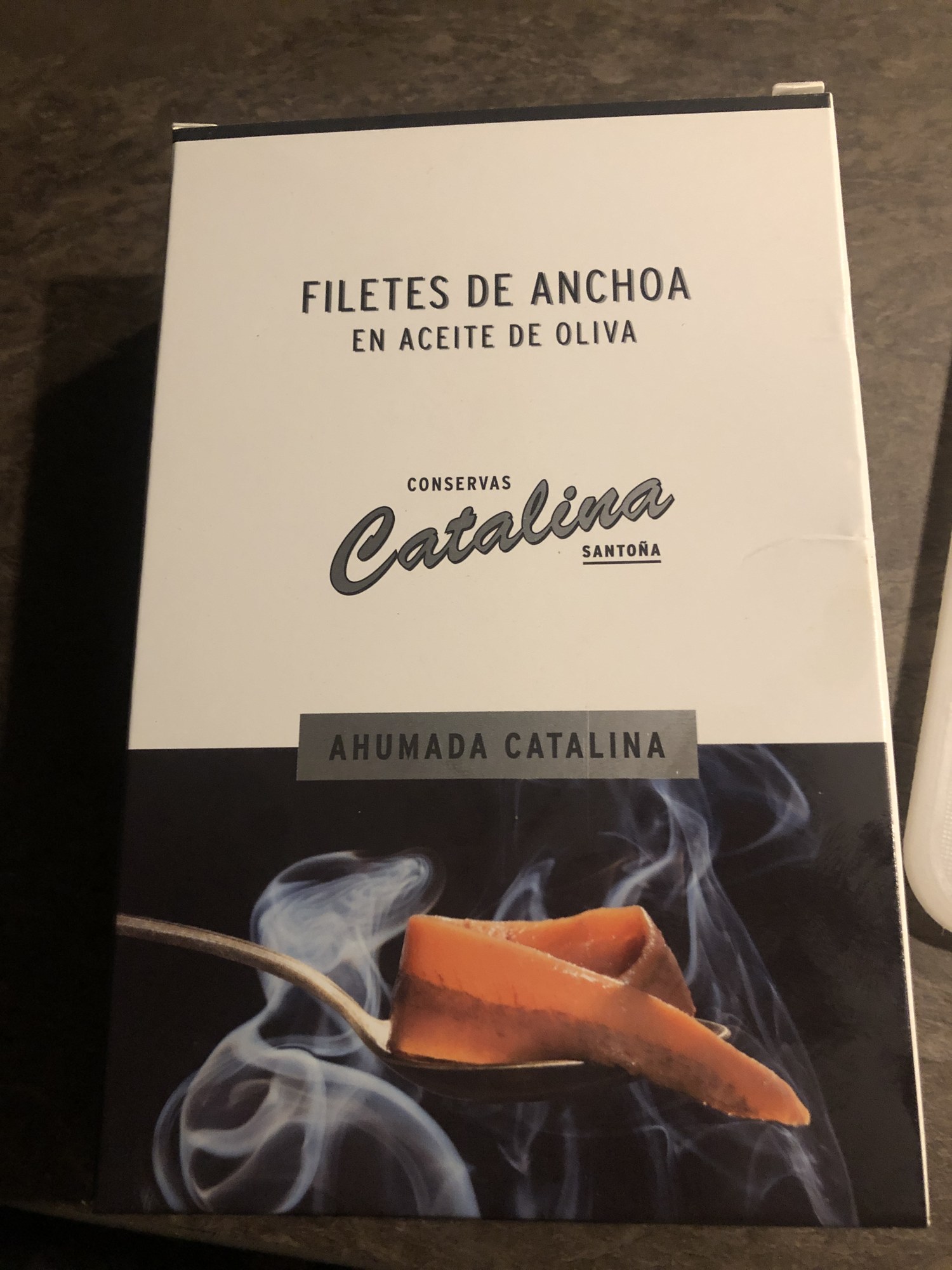 A box of Conservas Catalina smoked anchovy fillets in olive oil from Santoña