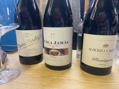 Three bottles of Spanish red wine on a wooden table