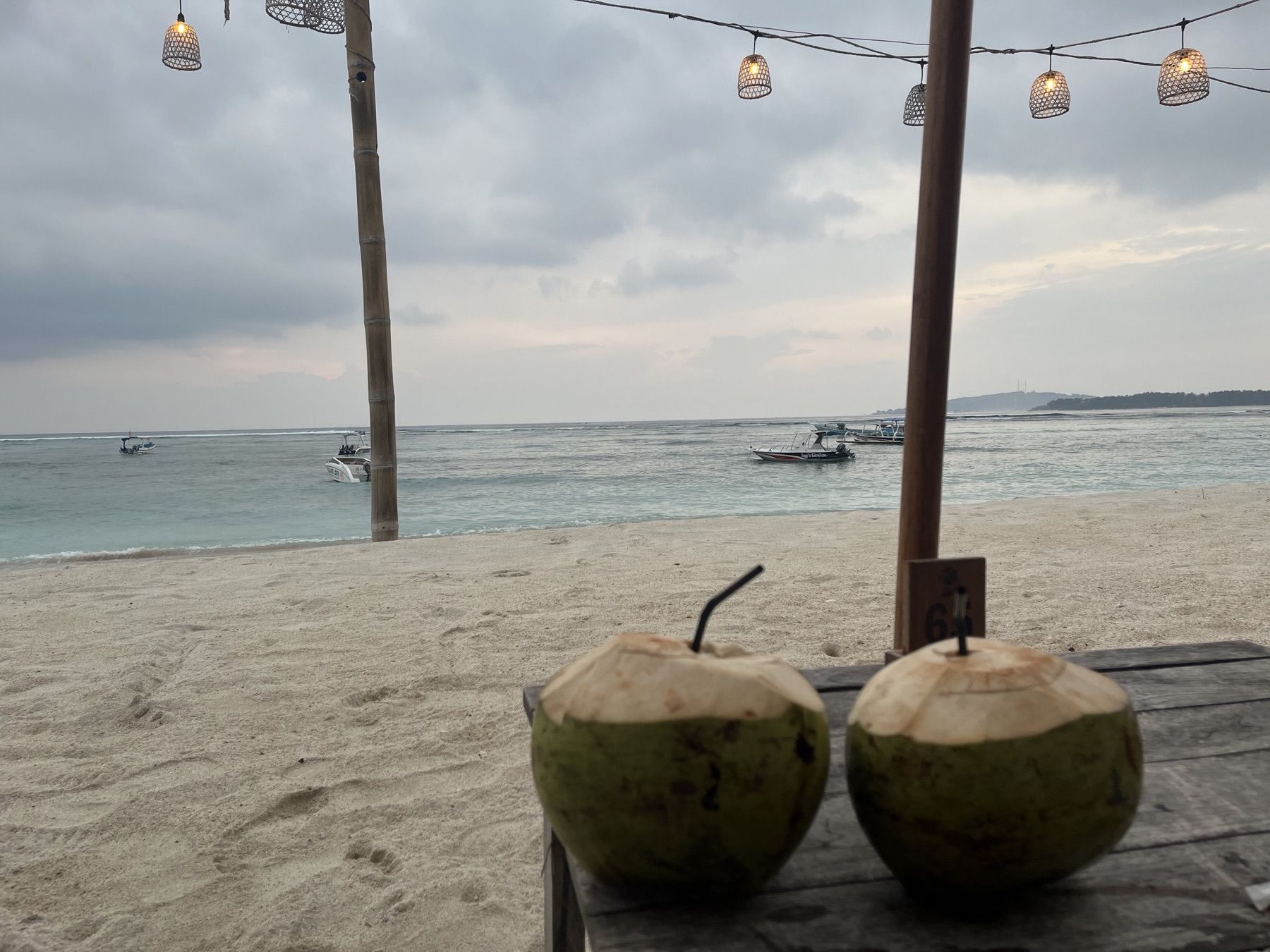 Two coconuts and the boats: the west shore, late.